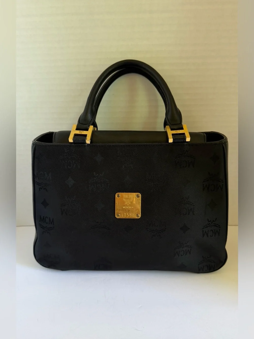 MCM Black canvas Logo Plaque Top-Handle Bag